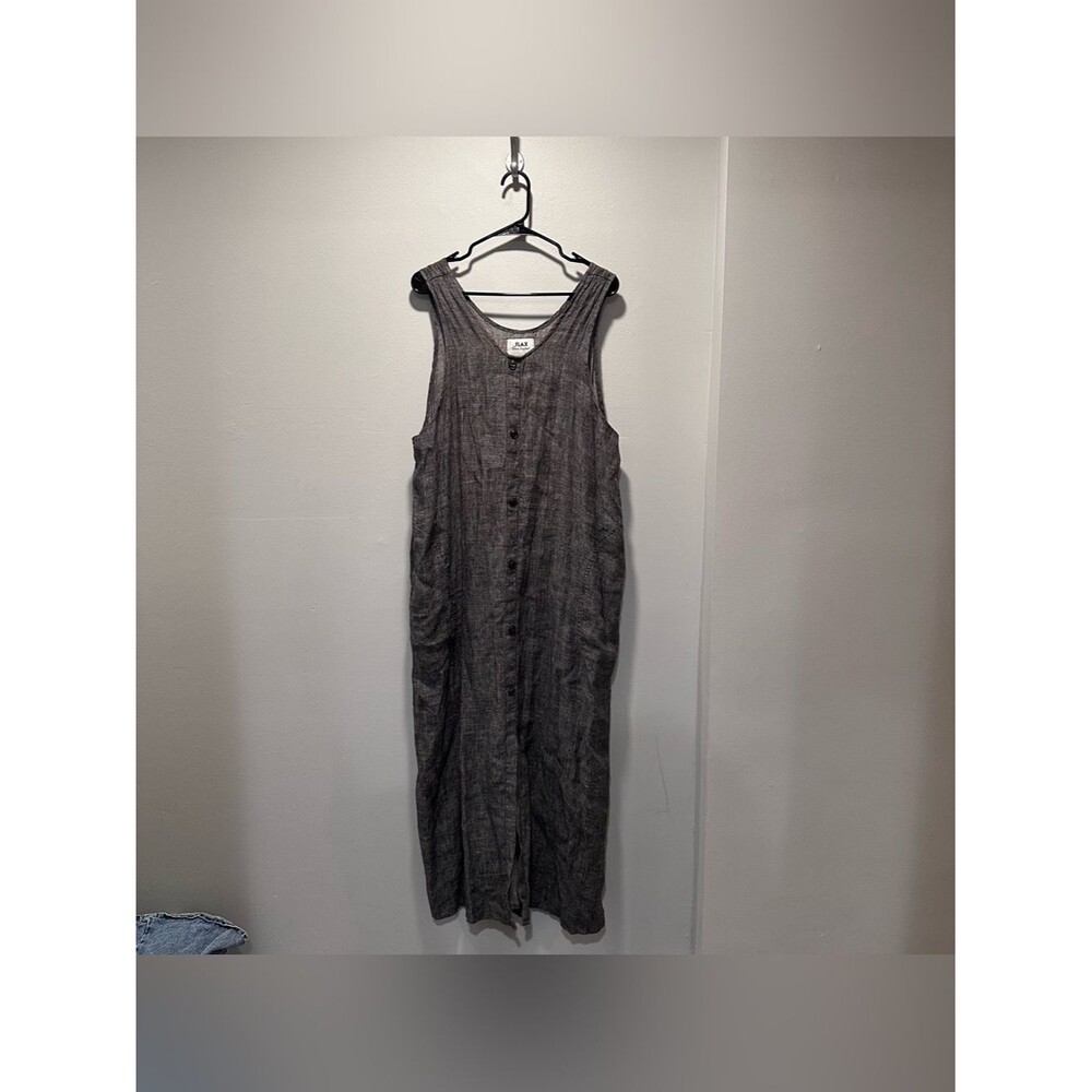 Flax Sleeveless Button-Front Linen Maxi Dress in Charcoal; Summer; Sustainable L